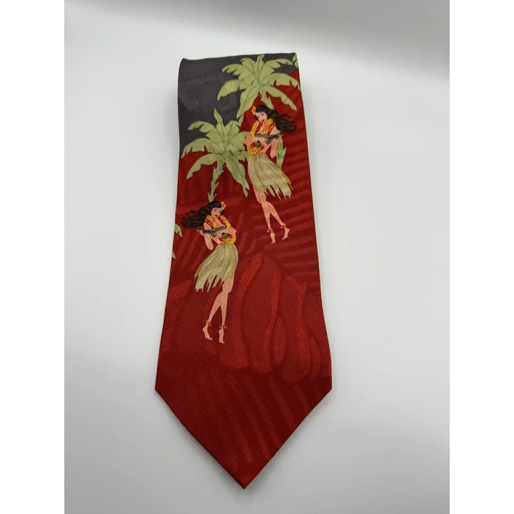 Tommy Bahama Silk Tie OS Red Hula Girl Ukulele Tropical Tiki Hawaiian Retro Palm